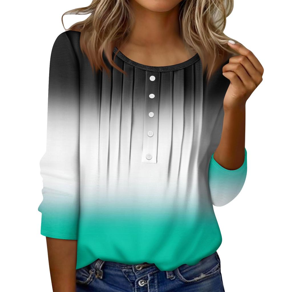 Women's Round Neck Pull Stripe Decorative Button Top Casual Solid Color 3/4 Sleeve T Shirt