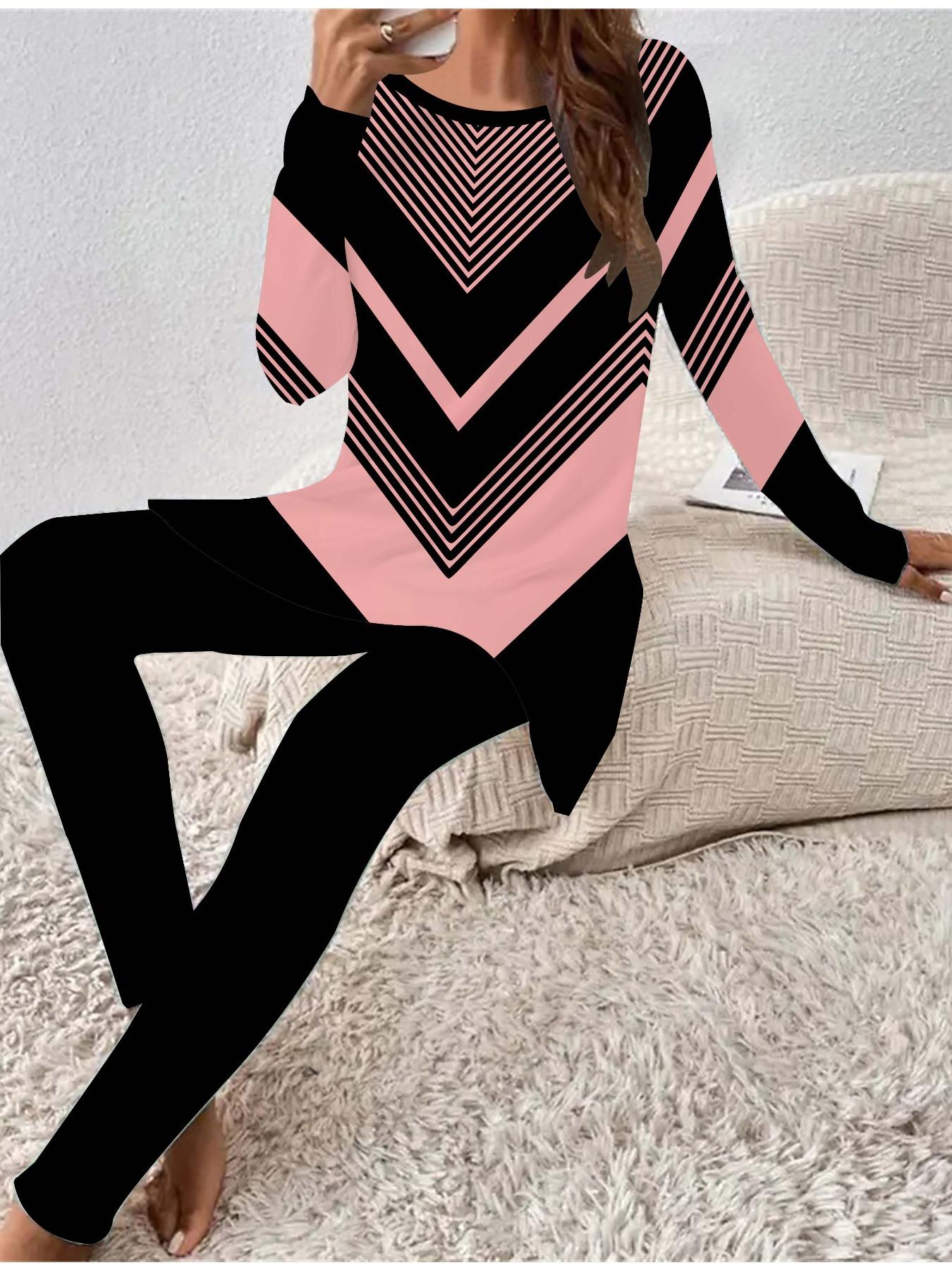 

Евро-американская мода 3D Геометрический принт Женский Четырехсезонный Комплект из футболки с длинным рукавом + длинных брюк. Идеальный подарок на Новый год и Рождество 8XL розовый