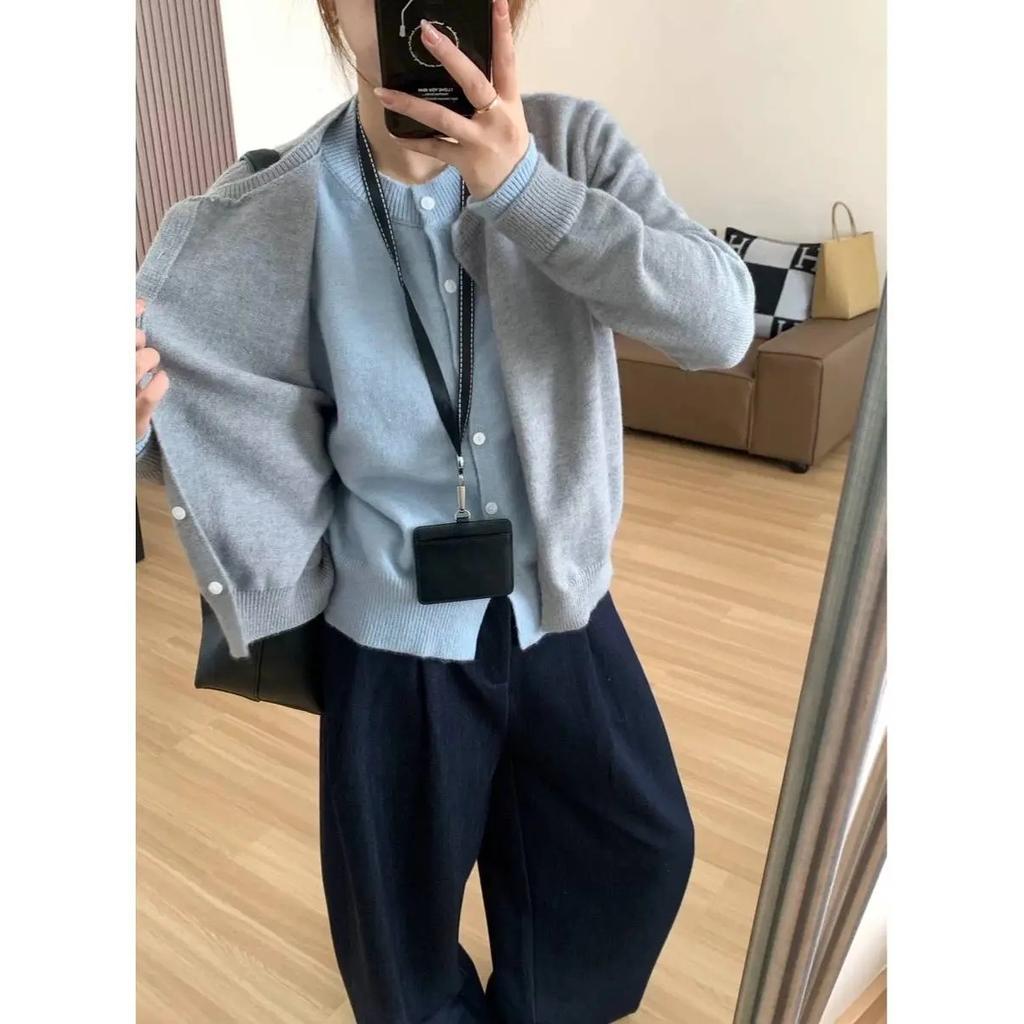Contrasting Coat Fake Two-piece Knitted Sweater Cardigan Spring and Autumn Single-breasted Age-reducing Long-sleeved Top Women