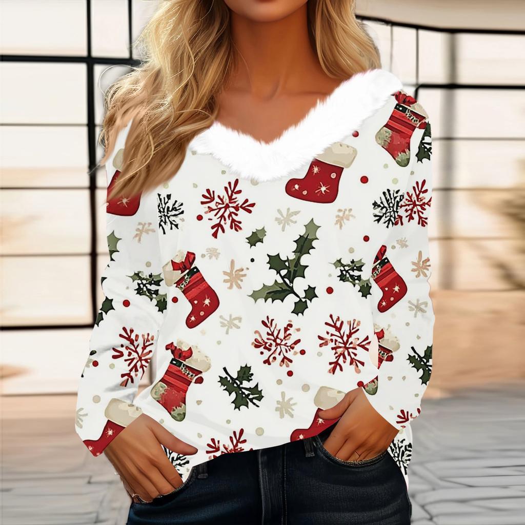 Women's Fashion Long Sleeve Christmas V-Neck Printed Party Furry Top