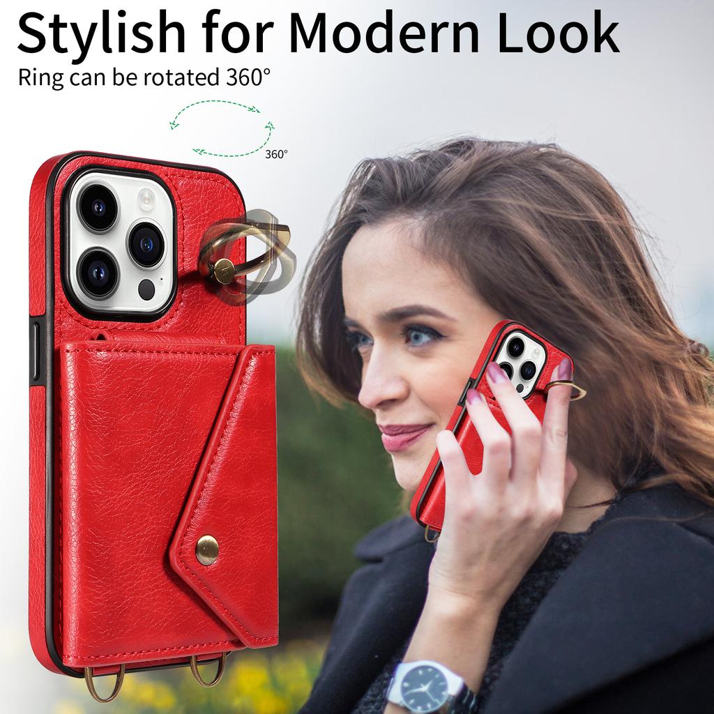 Para iPhone 16 Series.para iPhone 16,16 Plus,16 Pro,16 Pro Max Alça de Ombro Corda Anel Suporte Design Slots para Cartão Padrão Lichee Capa para Telefone