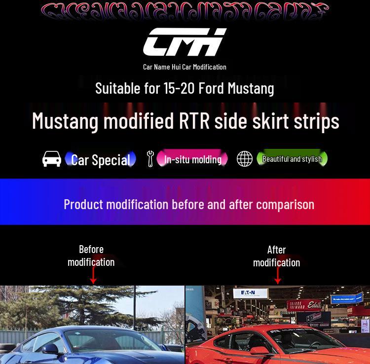 Compatible Ford Mustang 2015-2023 RTR Side Skirt Decorative Strips, Injection Molded PP
