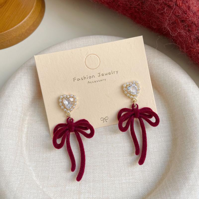 Cute Red Bow Flocking Earrings Simple Elegant Exquisite Sweet Festive Earrings Ear Studs Jewelry Accessories New Year Gifts
