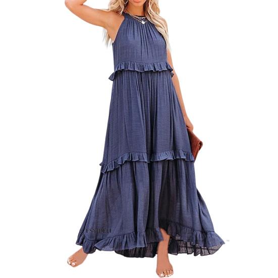 Maxikleid, plissiert, geschichteter Saum, Taschendesign, ärmellos, einfarbig, Boho-Damen, hohl, zum Binden, elegantes Kleid, Partykleidung