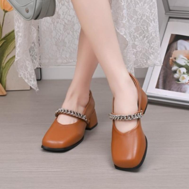 Shoes with Chain Decor Spring Autumn Square Toe VintagePumps for Women's Elegant Dress Shoes