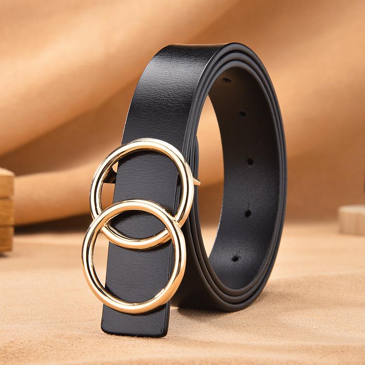 European and American spot popular belt women's and women's leather smooth buckle versatile double circle round buckle leather belt