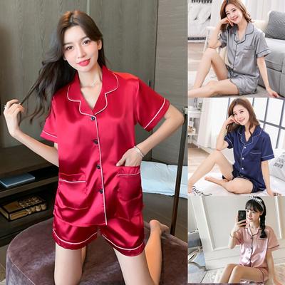 Damen-Pyjama-Set aus Seidensatin, lässig, kurzärmelig, Knopf-Nachtwäsche, Top, Shorts, Loungewear-Anzug