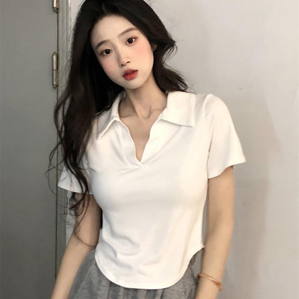 Short-Sleeved T-shirt Women's Short Skinny T-shirt Summer Design Retro Hot Girl Top Clothes Polo