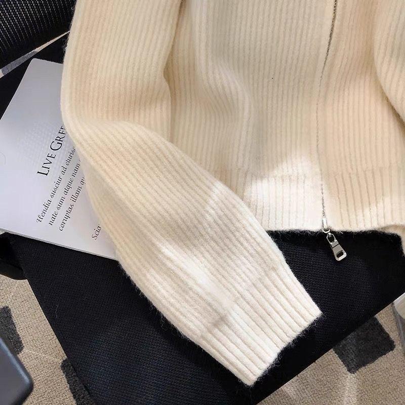 Dame Høst/Vinter Strikkejakke med Dobbel Glidelås - Høy Hals, Fortykket Genserkåpe