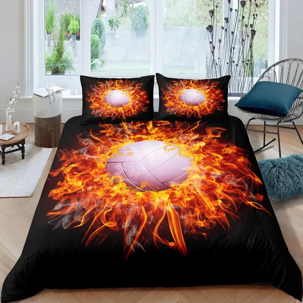 Voleybal Soft Duvet Cover Set Microfiber Sports Bal Theme Fire Plus Water Blend Voleybal Twin Beding Set Double Quen King-Sized Dimensionsd Dimensions