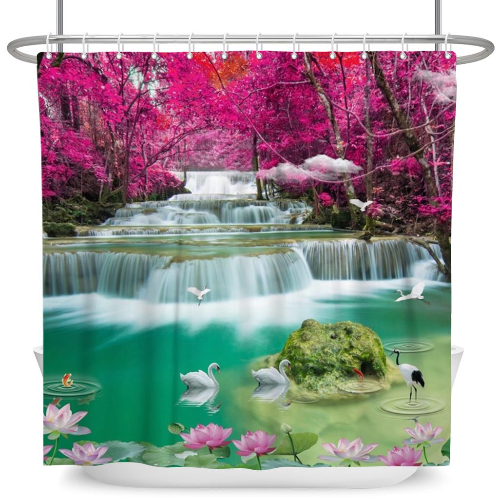 Venkovská krajina Sprchové závěsy Potok Kámen Lotos Buddha Koupelnový závěs Přírodní scenérie Vodotěsná Koupelna Domácí dekorace s háčky