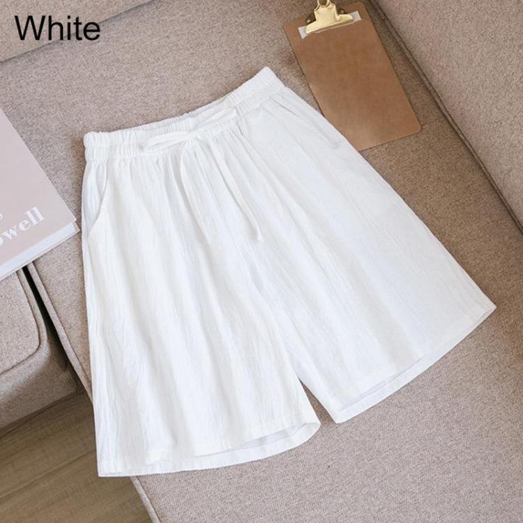 Women's Summer Casual Cotton Linen Shorts with Elastic Waist and Drawstring Comfortable Wide Leg Solid Color Beach Pants