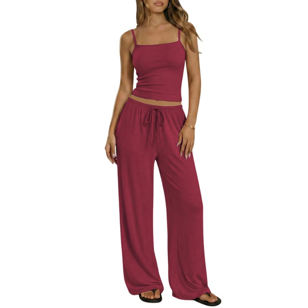Spring Summer Women Camisole Crop Top Long Pants Casual Wide Leg Pants Lazy Style Set