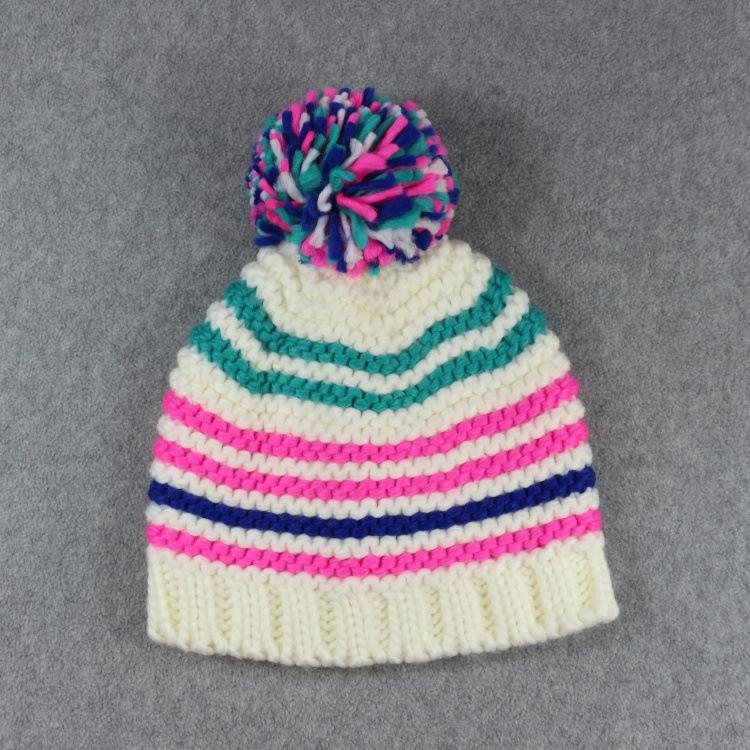 Contrasting striped knitted hat with colored hairball thickened warm cold hat, unisex