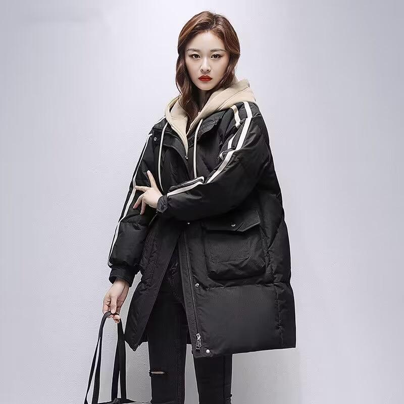 

Maillard поддельный двойной новый средней длины и длинный пуховик с капюшоном женский зимний свободный большого размера толстый жакет 3XL чёрный