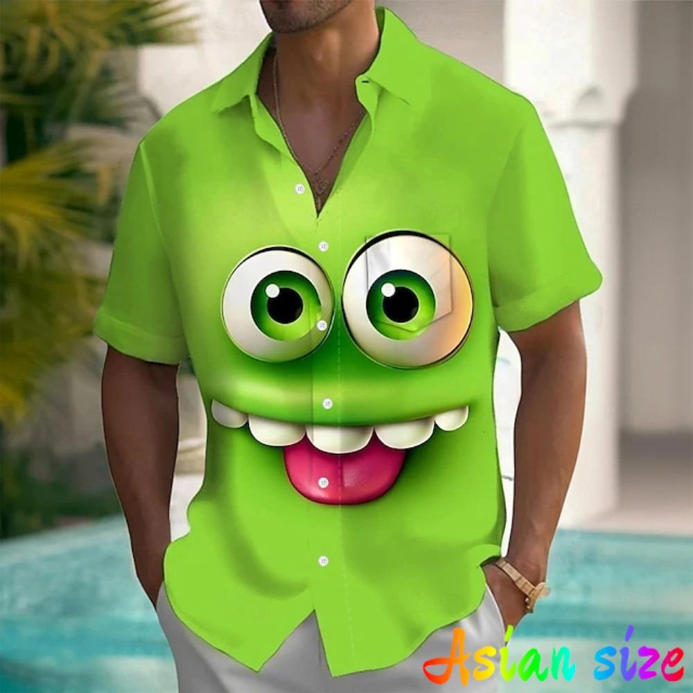 Funny Smiling Face Graphic Hawaiian Anime 3D Print Short Sleeve Blouses for men Vacation Party Lapel Summer