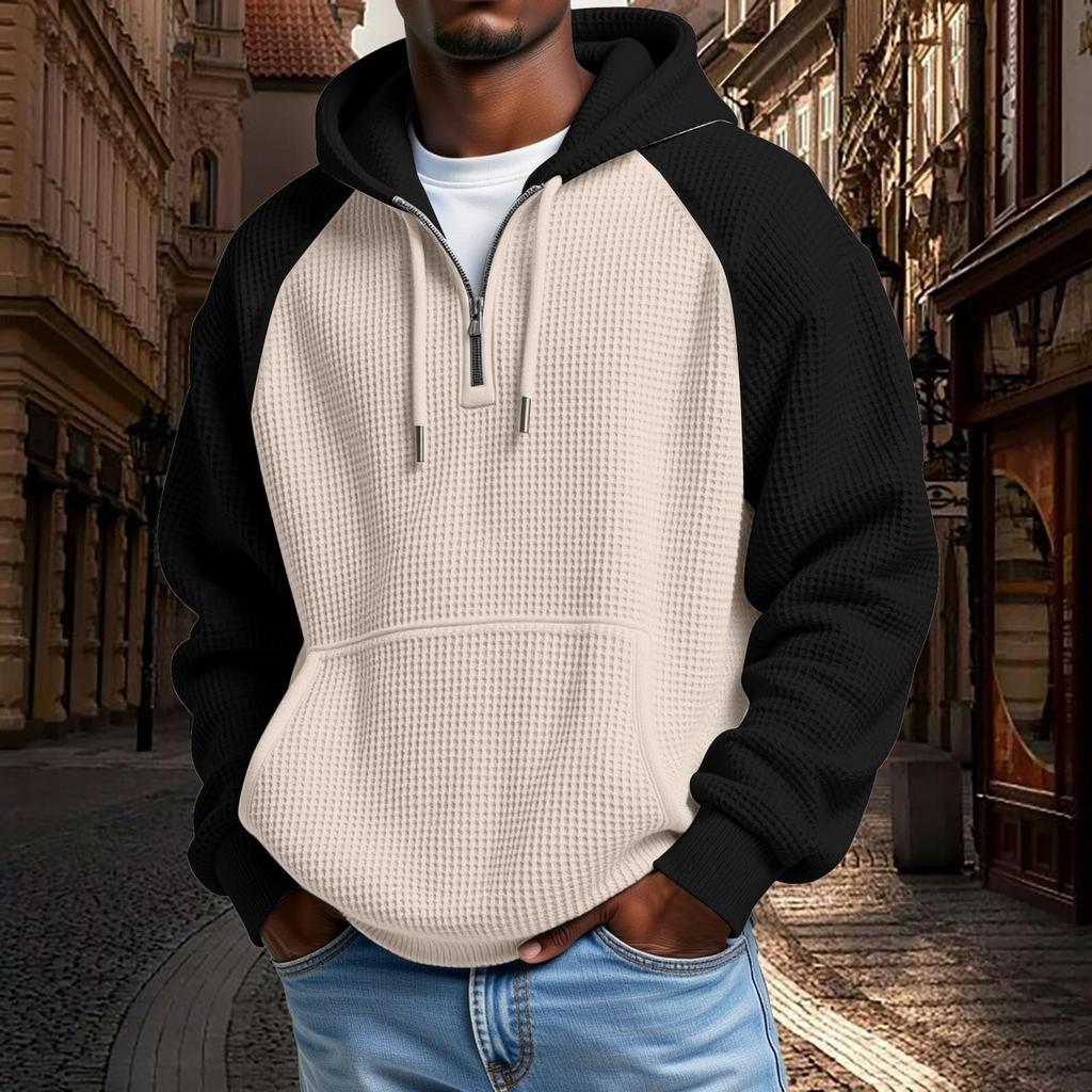 Mens Hoodies Pullover QuarterCasaul Long Sleeve Drawstring Knit Hooded Sweatshirt With Pocket