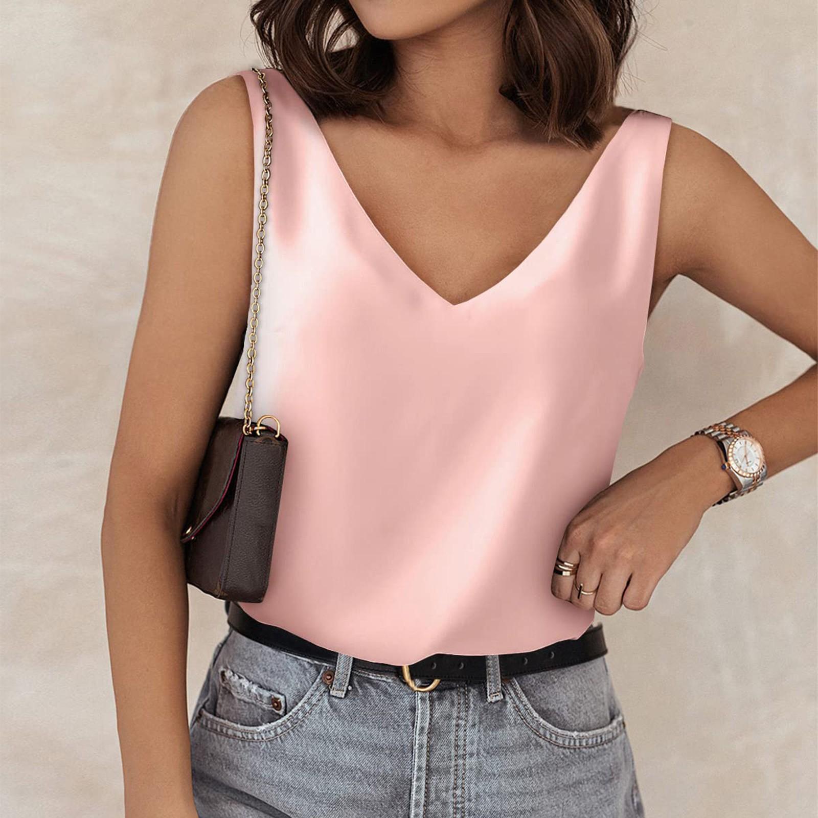 

Women s Summer Casual V-Neck Color Silk Sleeveless Loose T-Shirt Tank Tops M рожевий