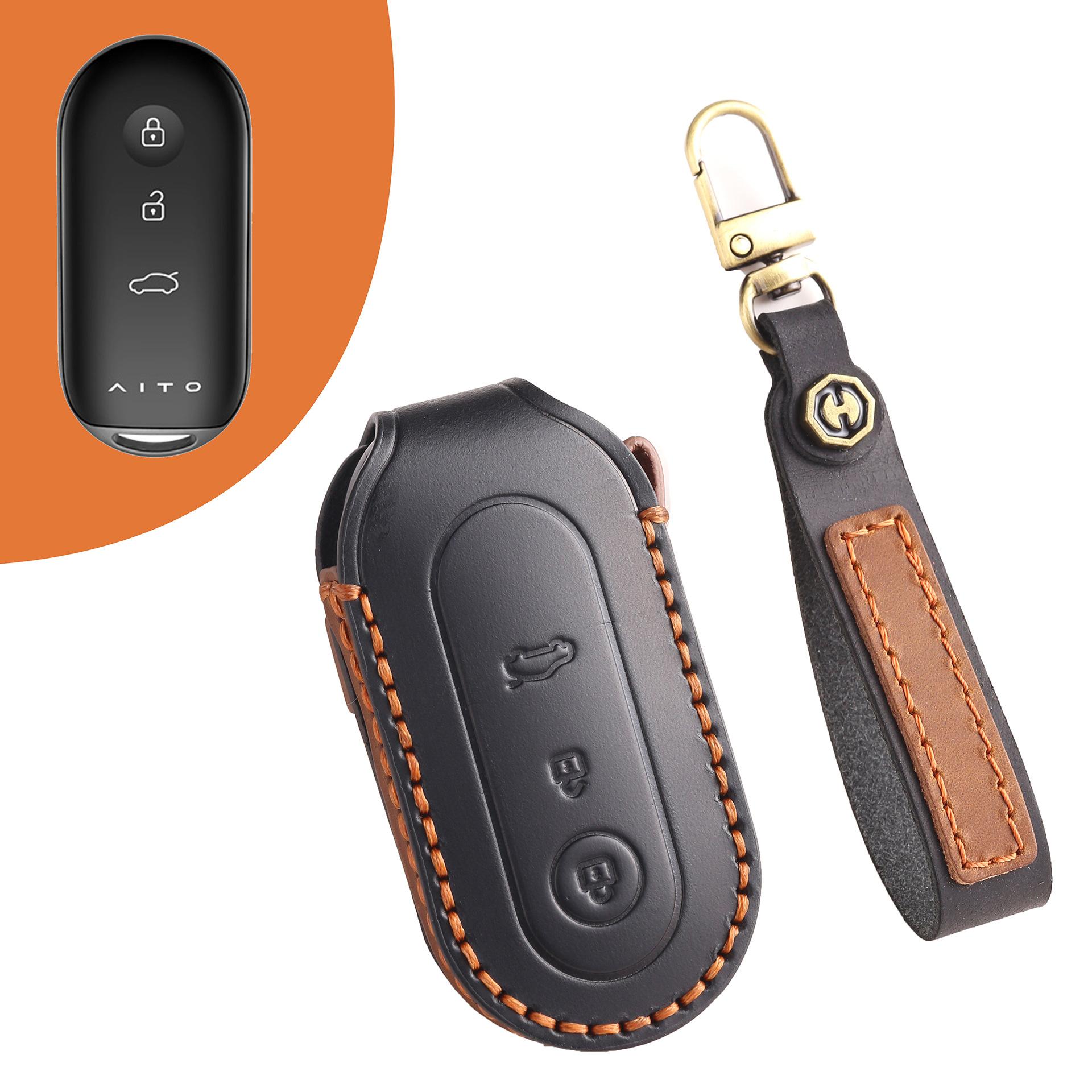 

Applicable to the car key cover, the new Huawei AITO Jinkang Sailis M7/M5 high-end handmade leather shell buckle bag. чёрный