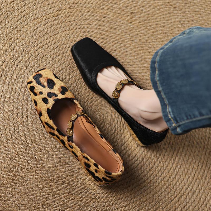 Fashion 2025 Spring Women Pumps Square Toe Low Heel Horsehair Women Shoes Leopord Shallow Button Mary Janes Ladies Shoes