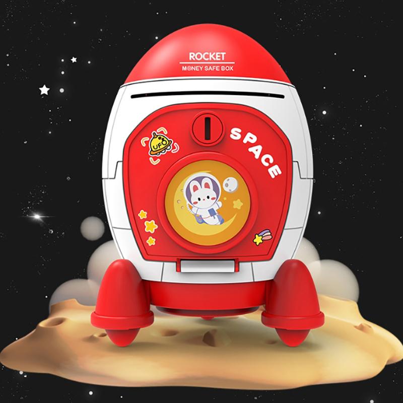 Roztomilá dětská pokladnička s kreslenou nálepkou Víceúčelová pokladnička ve tvaru vesmírné rakety Plastová pokladnička Dětský dárek Hračka