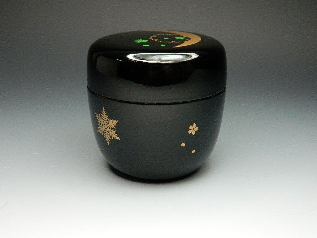 Medium-sized Tea Caddy with Snow, Moon, and Flowers In Black and Colored Lacquer, Made of Resin, Made In Japan, Suitable for Tea Ceremonies