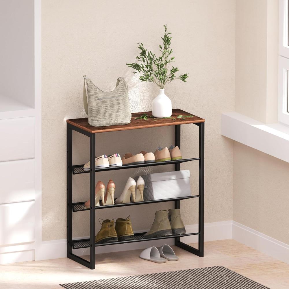Industrial Shoe Rack - Sturdy Steel Entryway Shoe Organizer with Spacious Top - Strong Mesh Shoe Storage Shelves - Adjustable