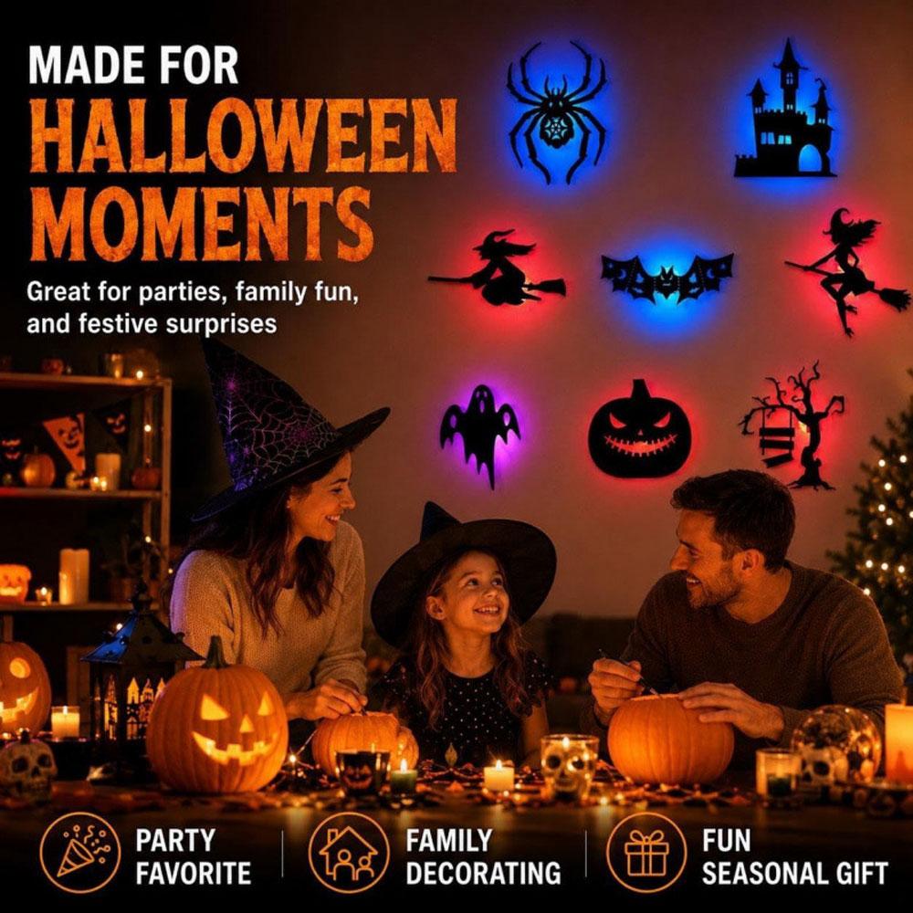 8PCS Halloween LED-Silhouette Wall Light Stickers Glow-In-The-Dark Bats Spiders Wall Decor Spookys Pumpkins Spiders Tree Decor