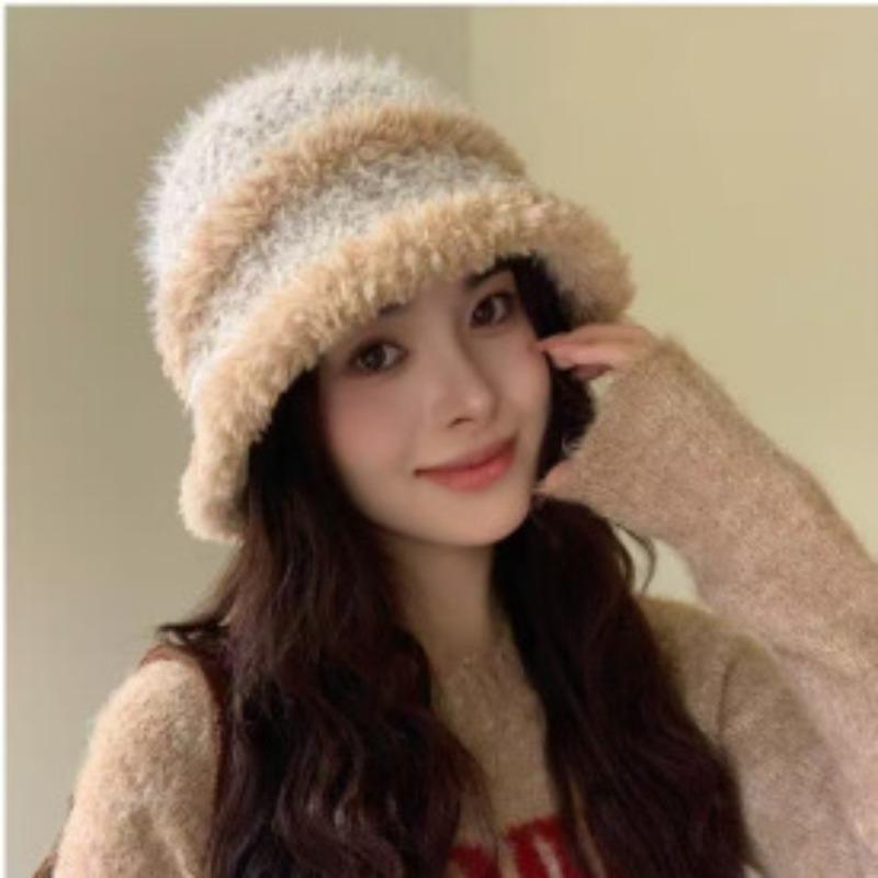 Hats Autumn and Winter Women's Korean Style Woolen Fisherman's Hat Color Blocked Striped Warm Fisherman's Hat Fashionable and Versatile Bucket Hat