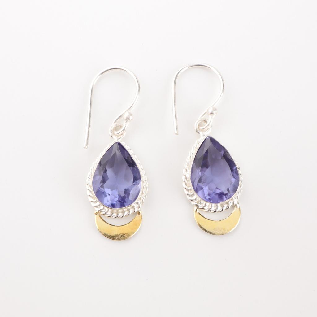 Iolite Gemstone 925 Sterling Silver Jewelry Handmade Hook Earrings 1.5" For Gift EE-162-9