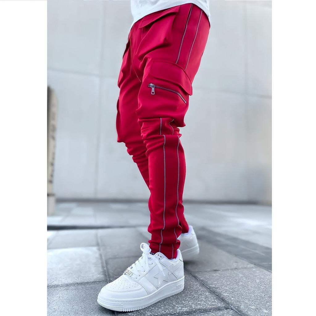 Spring and Autumn Workwear Pants Men's Trendy Brand Elastic Multi Pocket Reflective Straight Tube Sports FitnessPants Men