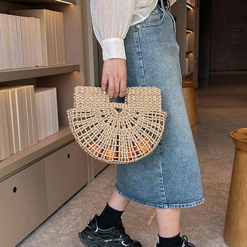 Yogodlns Bohemian Large Capacity Beach Bag Women's Straw Bag Stylish Handbag Natural Grass Hand Woven Designer Female Basket Shoulder Bag