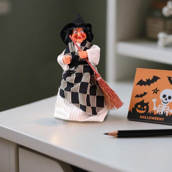 Halloween Witch Doll Decoration Spooky Witch Statue with Broomstick for Home Living Room Fireplace Mantel End Table Desktop Decor