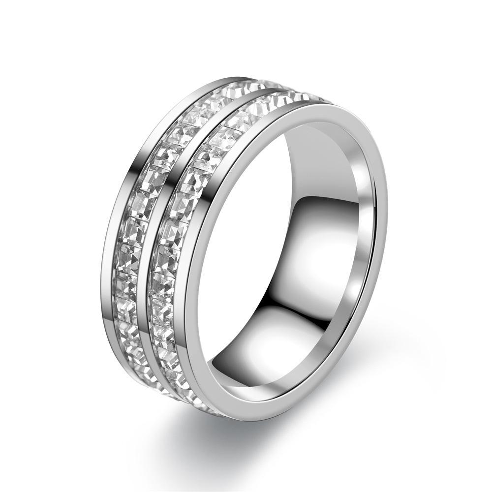 Bagues de couple en acier titane, mode européenne et américaine, avec zircon, diamant carré, personnalité - Bijoux en acier inoxydable plaqué or 18 carats.