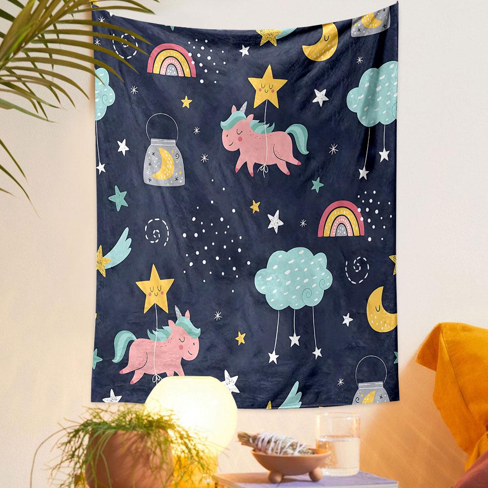 Unicorn and Stars Dreamy Night Design Patterned Tapestry Home Decor, Suitable for Bedroom and Living Room, Gift