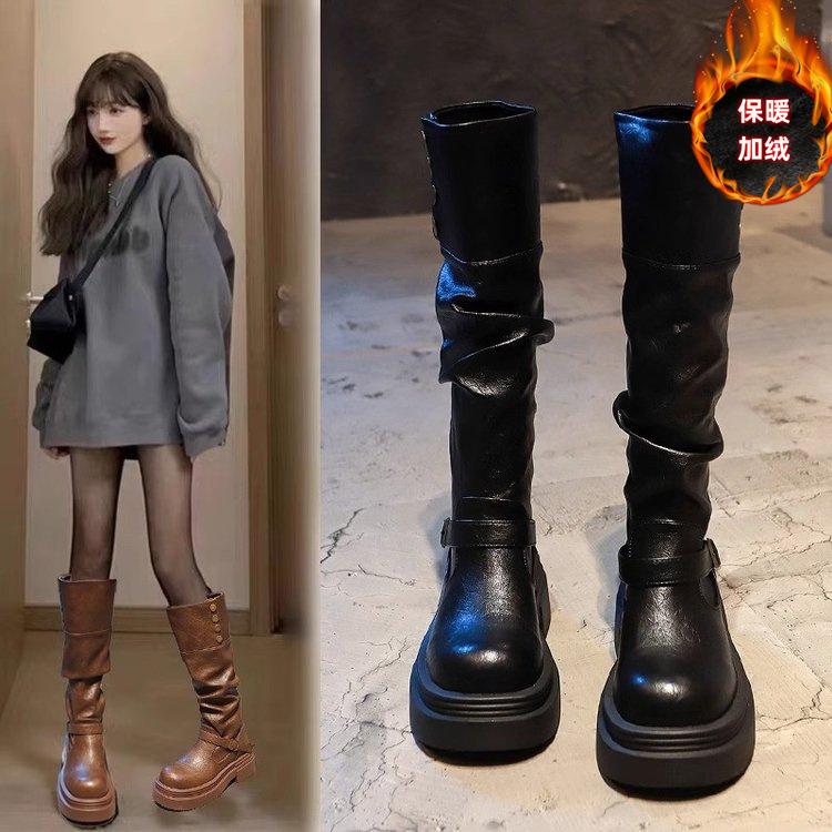 Brown retro British style thick heel platform boots women's 2024 new autumn and winter thin boots boots tall
