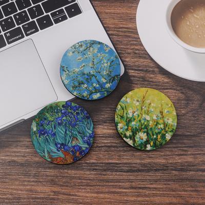 2pcs Van Gogh Art Oil Painting Flowers Car Coasters Cherry Blossoms Non-slip Cup Holder Women Car Interior Decorations