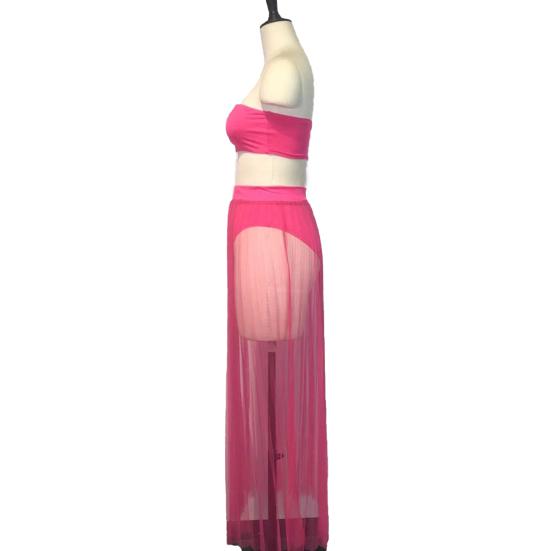 3Pcs/Set Vest Skirt Set Sexy Bandeau Tops High Waist Briefs Mesh Pleated Long Skirt Set Solid Color Outfit