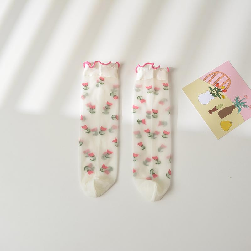 Girls Summer Thin Breathable Socks Ruffled Edge Cartoon Flower Fruit Printing Mid-calf Socks For