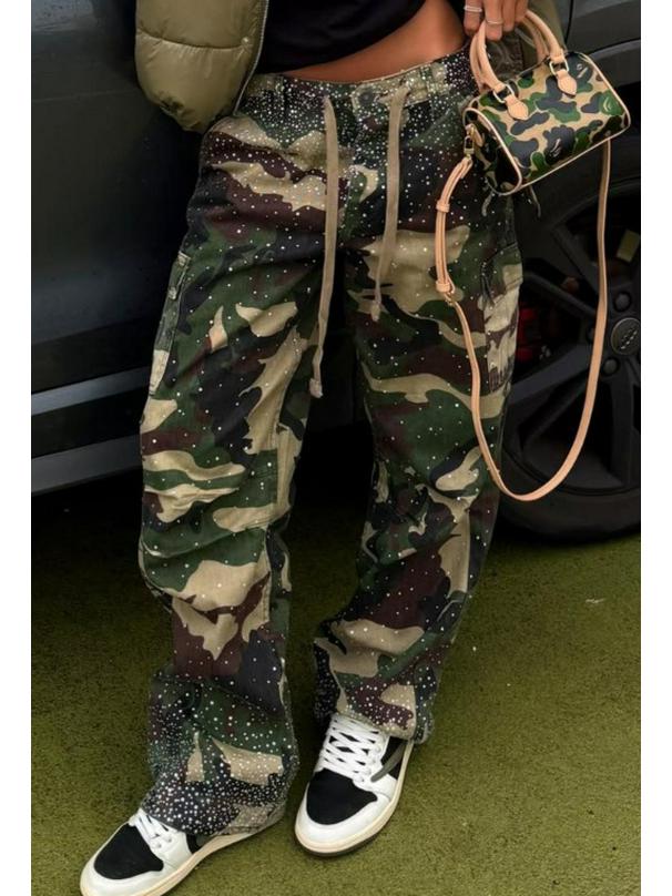 European and American Retro High Street Camouflage Straight Pants with Hot Drill Details M