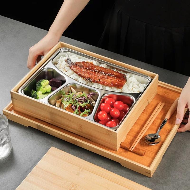 304 Stainless Steel Business Lunch Box High-grade Japanese Bamboo Lunch Box Hotel Compartment Dinner Plate