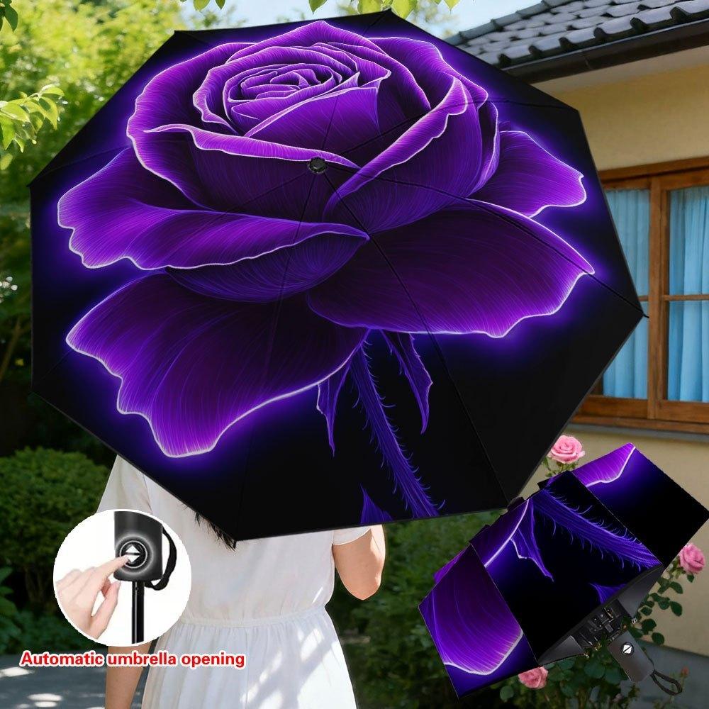 

Automatic Open/Close Umbrella with Neon Glow Purple Rose Design - Self-Folding Compact Umbrella for Men & Women, 8-Rib Windpro Iron&8K