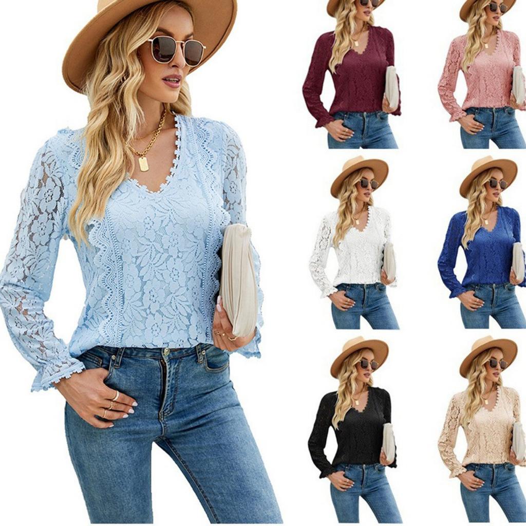 Autumn New Women's Solid Color Hollow Lace Long Sleeve Sexy Knit Lace Top, Amazon Europe America Cross-border Style