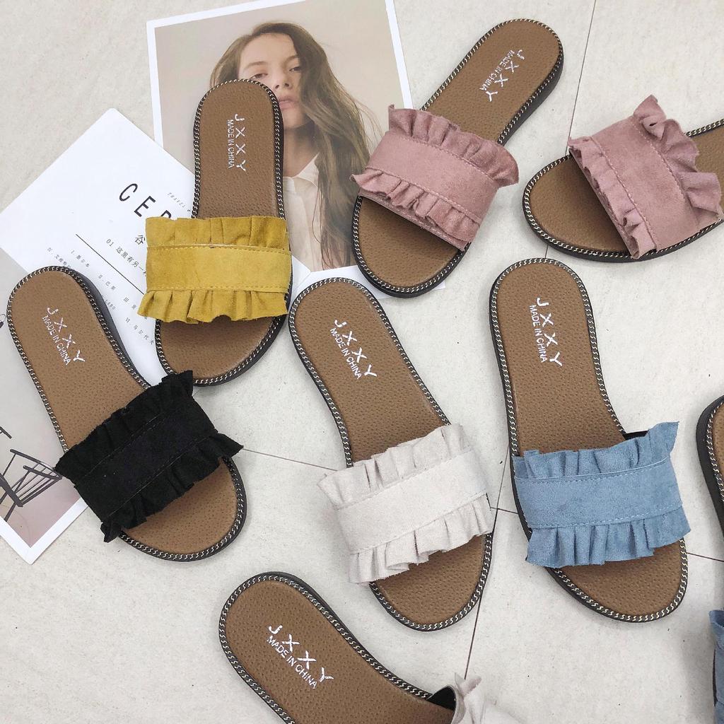 Mode Übergröße Damen Hausschuhe Bonbonfarbe Pantoletten Damenschuhe Sommer Flats Denim Hausschuhe Spitze Pantolette Falten Damen Schuhe zapatos mujer