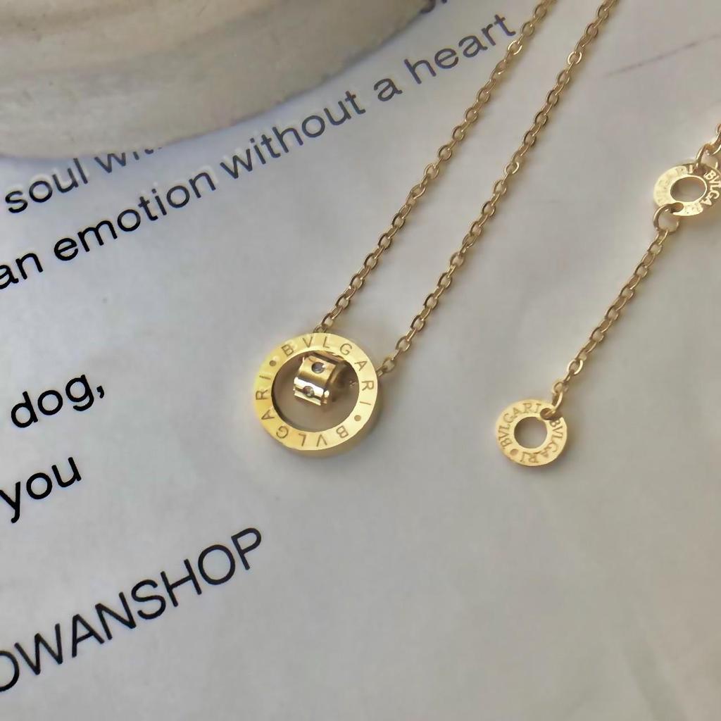 Korean-Style 24K Gold-Plated Titanium Necklace with Double Ring and Interlocking Beads