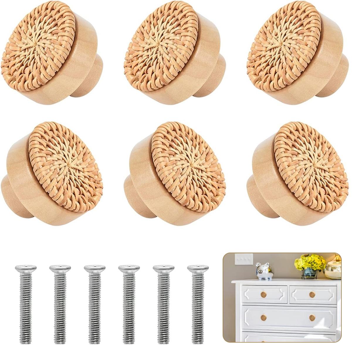 

6/18Pcs Rattan Wooden Drawer Knobs Round Handmade Woven Cabinets Dresser Furniture Handles Kitchen Cupboard Wardrobe Door Pulls 6Pcs