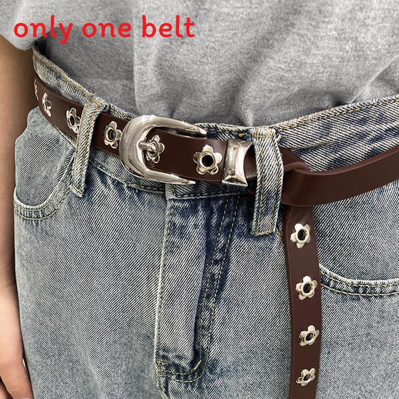 Women Skinny Pu Leather Belt Fashion Floral Decor For Office Wear