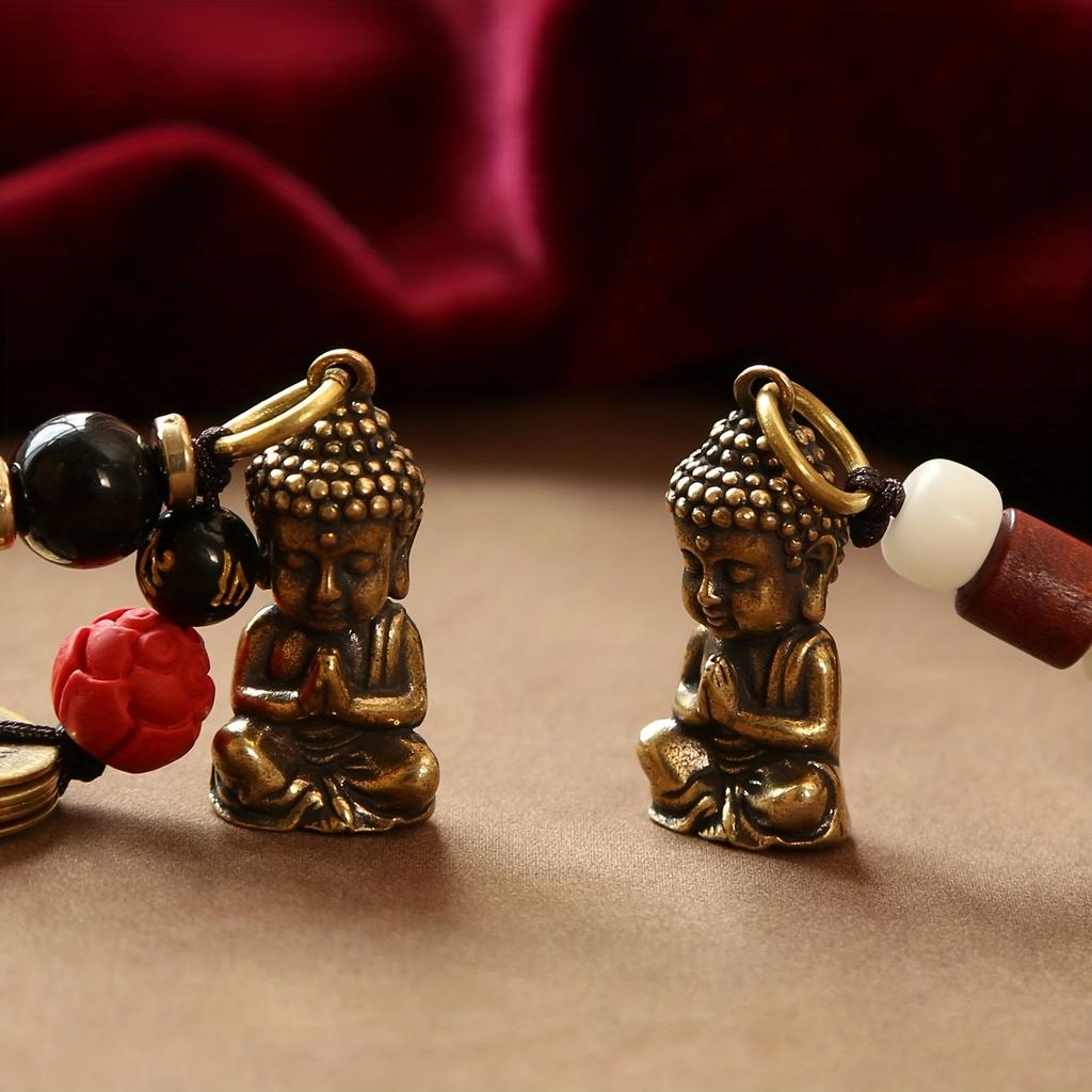 Vintage Bronze Copper Alloy Keychain with Buddha Pendants, Unplated Precious Metal Charm, Non-Textile Weaving, Car Keyring for Men and Women