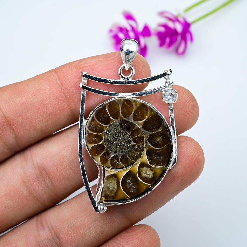 Ammonite Fossil, White Topaz 925 Solid Sterling Silver Pendant, Handmade Gemstone Jewelry Pendant For Memorial Day
