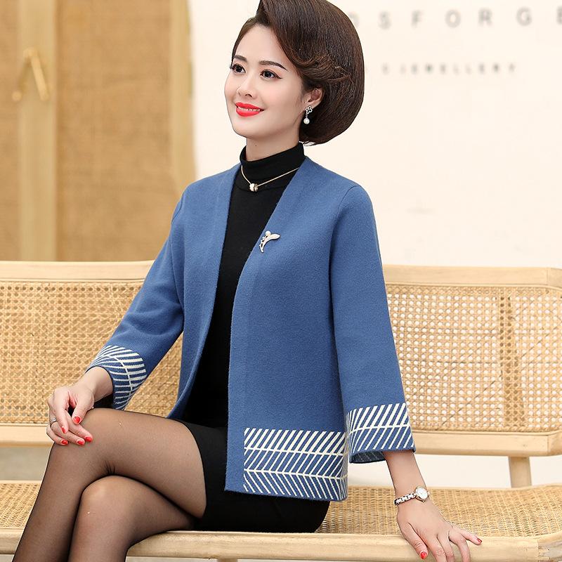 

Осенне-зимняя женская куртка-кардиган, короткий вязаный свитер для пожилых людей среднего возраста, утолщенная вязаная куртка больших размеров, кардиган с передним отверстием 3XL синий